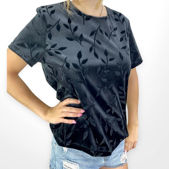 90s ROBBIE BEE Vintage Black Floral Printed Velvet Short Sleeve T-shirt - Picture 7 of 7